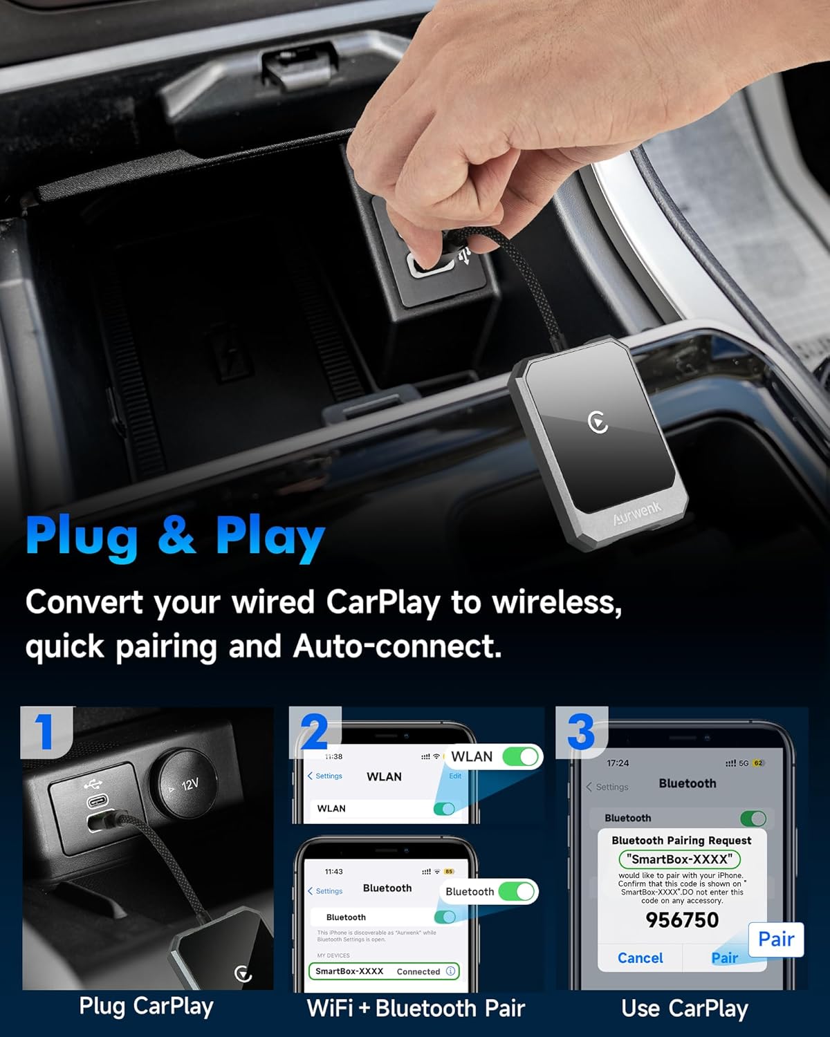 Wireless CarPlay Adapter for iPhone - Plug & Play Wired to Wireless Apple CarPlay Adapter, Fast Auto Connect, Stable & No Delay, Mini Wireless CarPlay Dongle for Cars from 2016 and iPhone iOS, Grey
