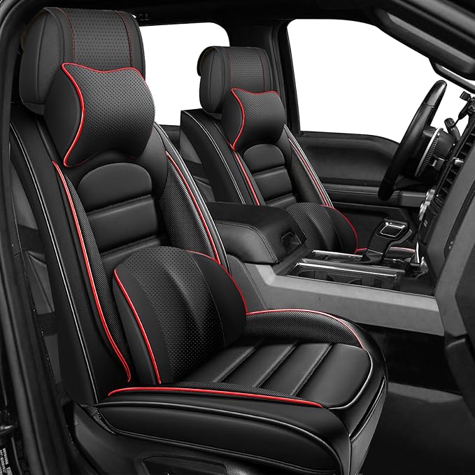 Full Set Car Seat Covers for GMC Sierra 1500/2500/3500 Denali SLT AT4 AT4X Base Seat Covers 2008-2025, Waterproof Premium Nappa Leather Seat Protectors(Luxury 5 Seats/Black&Red)