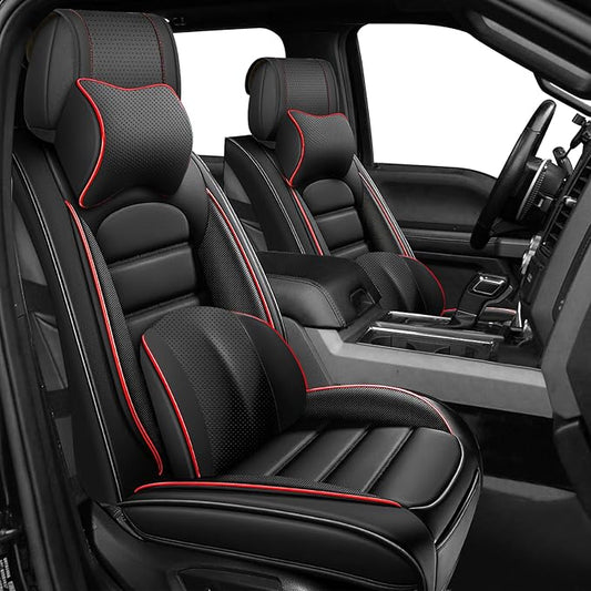 Full Set Car Seat Covers for GMC Sierra 1500/2500/3500 Denali SLT AT4 AT4X Base Seat Covers 2008-2025, Waterproof Premium Nappa Leather Seat Protectors(Luxury 5 Seats/Black&Red)