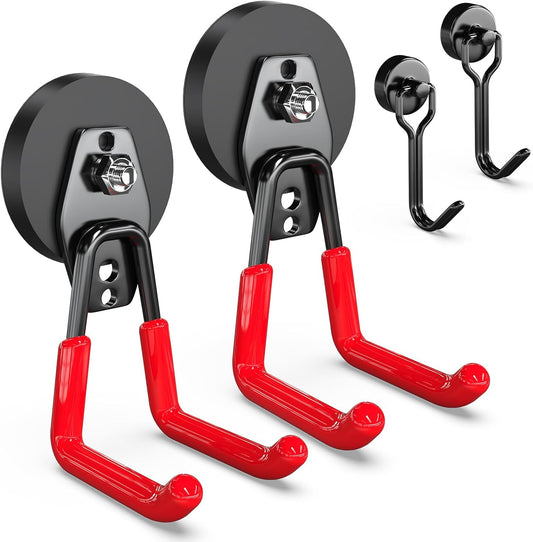 3-H Heavy Duty Magnet Garage Hooks 2 Pack, Large Strong Magnetic Hooks for Hanging Cordless Power Drill, Utility Magnetic Tool Holder for Metal Cabinet, Steel Pegboard, Toolbox, Garage(Red)