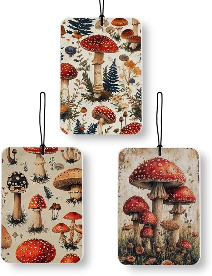 Vintage Mushroom Car Air Freshener 3 Pcs, Retro Cottage Core Botanical Red Moss Mushrooms Air Freshener Hanging Decor for Cars Closet Drawer Books Accessories Gifts
