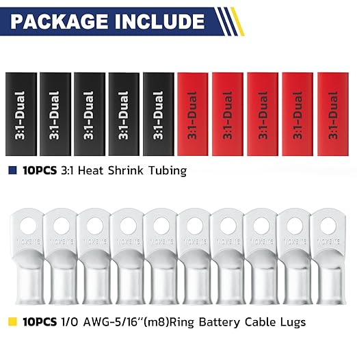 Haisstronica 10pcs 1/0 AWG - 5/16"(M8) Tinned Copper Battery Lugs,Heavy Duty Copper Wire Lugs with 10pcs 3:1 Adhesive Heat Shrink Tubing, 0 Gauge Wire Lugs, Tinned Copper Battery Cable Ends