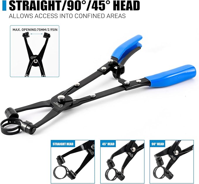 3-Piece Hose Clamp Pliers Set with Locking Assist - 45°/90°/Straight Heads & Rotatable Clamp Jaw - Professional Hose Clamp Tool for 1.1"-2.3" (3-6cm) Hose Clamps