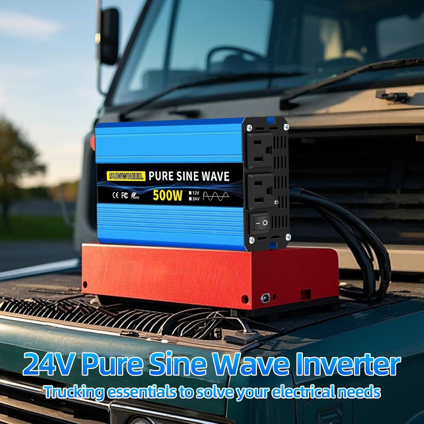 SUNWHEEL 500W 24V Pure Sine Wave Inverter, DC 24V to AC 110V/120V Car Power Inverter, Peak Power 1000W Car Plug Adapter Outlet Converter with Dual AC Sockets and LCD Display