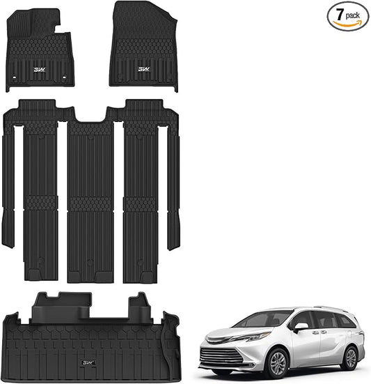 3W Floor Mats&Cargo Liner for Toyota Sienna 2021-2026 (for 7 Seat XLE/XSE/Limited/Edition & Not Fit 2025 Platinum) TPE Custom Fit Floor Liner for Sienna Full Set and Trunk Mat(w/o Spare tire)