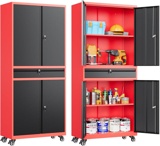 SISESOL Metal Storage Cabinet with Wheels and Drawer,Rolling Garage Storage Cabinet with Lock,Black Red Metal Cabinets with Wheel,73" Mobile Tall Tool Cabinets on Wheel for Home,Office,Garage,Shop