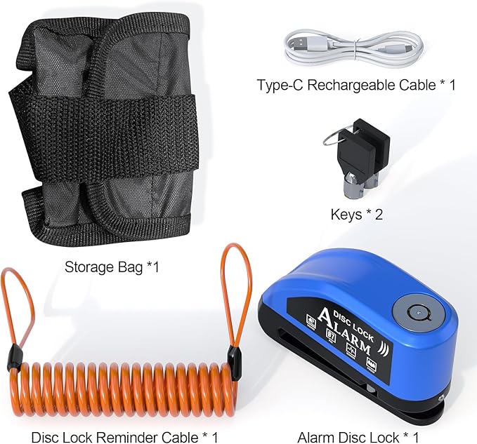 Motorcycle Lock Rechargeable, Alarm Disc Brake Lock with Reminder Cable, 110 dB Alarm Sound, Anti-Theft Waterproof, 2 H Fast-Charging, 9 Months Standby, 7 mm Lock Pin Universal for Bikes