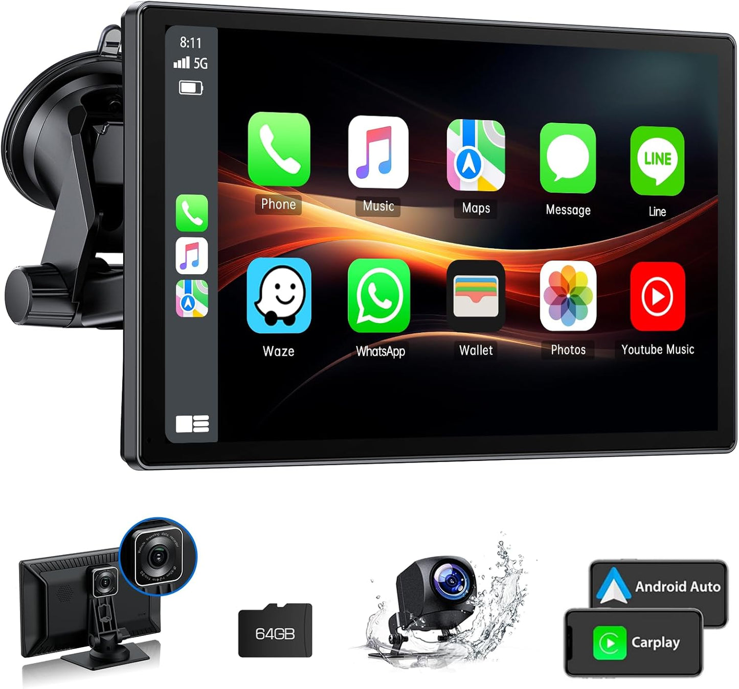 Portable Wireless Carplay Screen for Car with 2.5K Dash Cam,9 Inches Android Auto Screen with 1080p Backup Camera,GPS Navigation,Bluetooth,Airplay,Voice Control