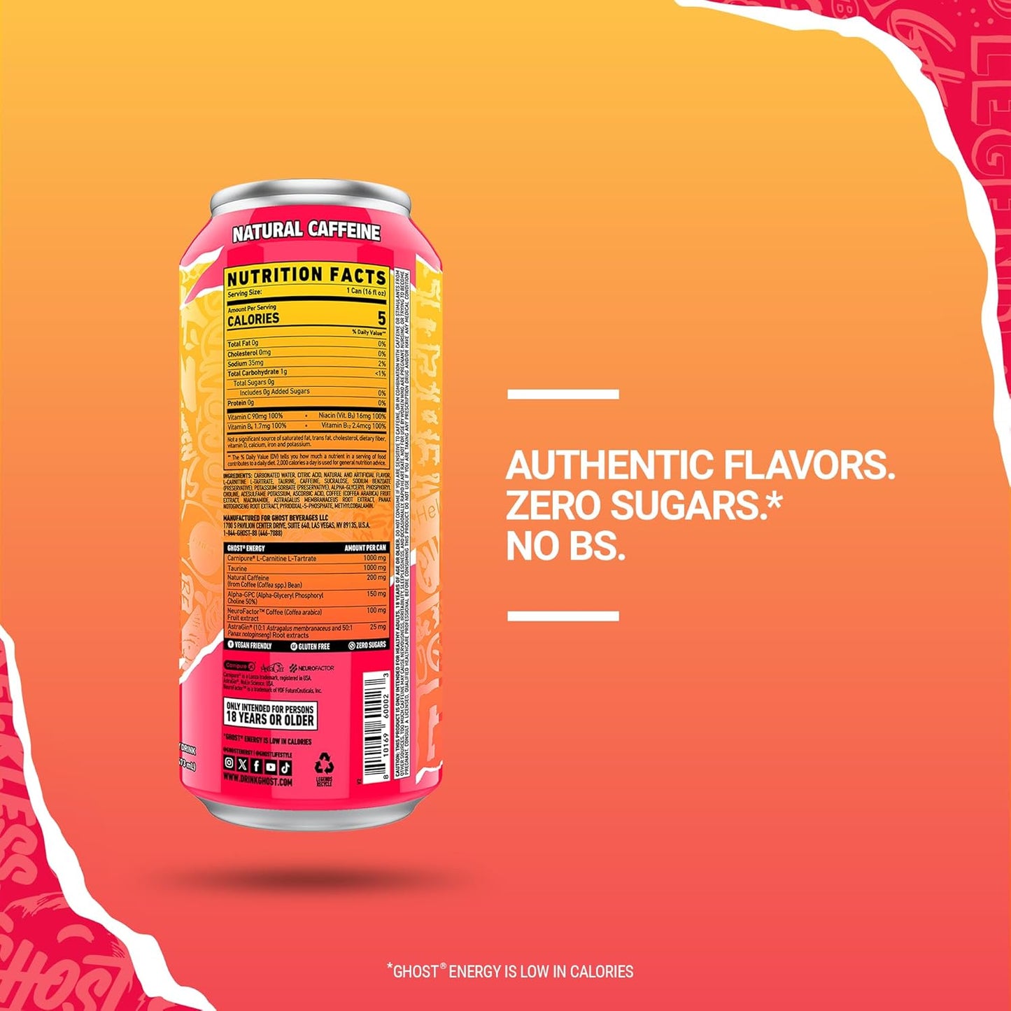 GHOST Energy Drink - 12-Pack, Strawbango, 16oz - Energy & Focus & No Artificial Colors - 200mg of Natural Caffeine, L-Carnitine & Taurine - Gluten-Free & Vegan