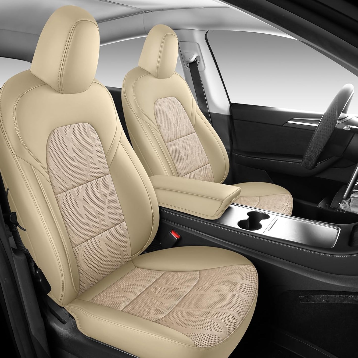 Tesla Model Y Seat Cover Full Set, Faux Leather Tesla Car Seat Cover, Perfect Suitable for Tesla Model Y 2020 2021 2022 2023 2024 2025 (Beige)