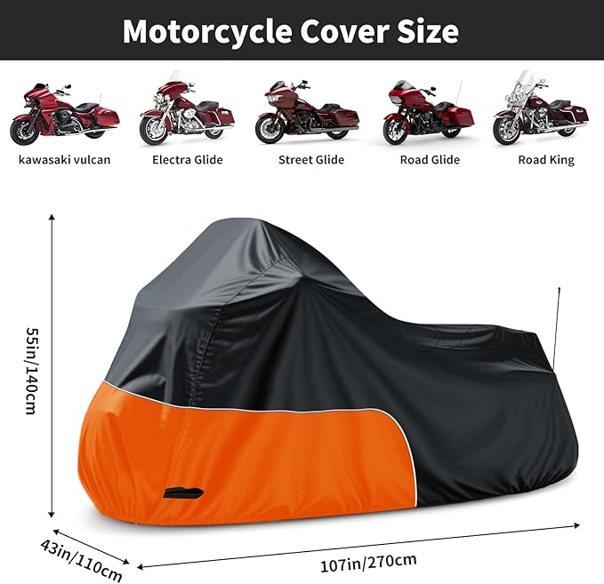 Motorcycle Cover fits for Harley Davidson Road King Road Glide Electra Glide Low Rider-ST HD Goldwing, All Weather Waterproof Cruiser Motorcycle Cover, Black&Orange