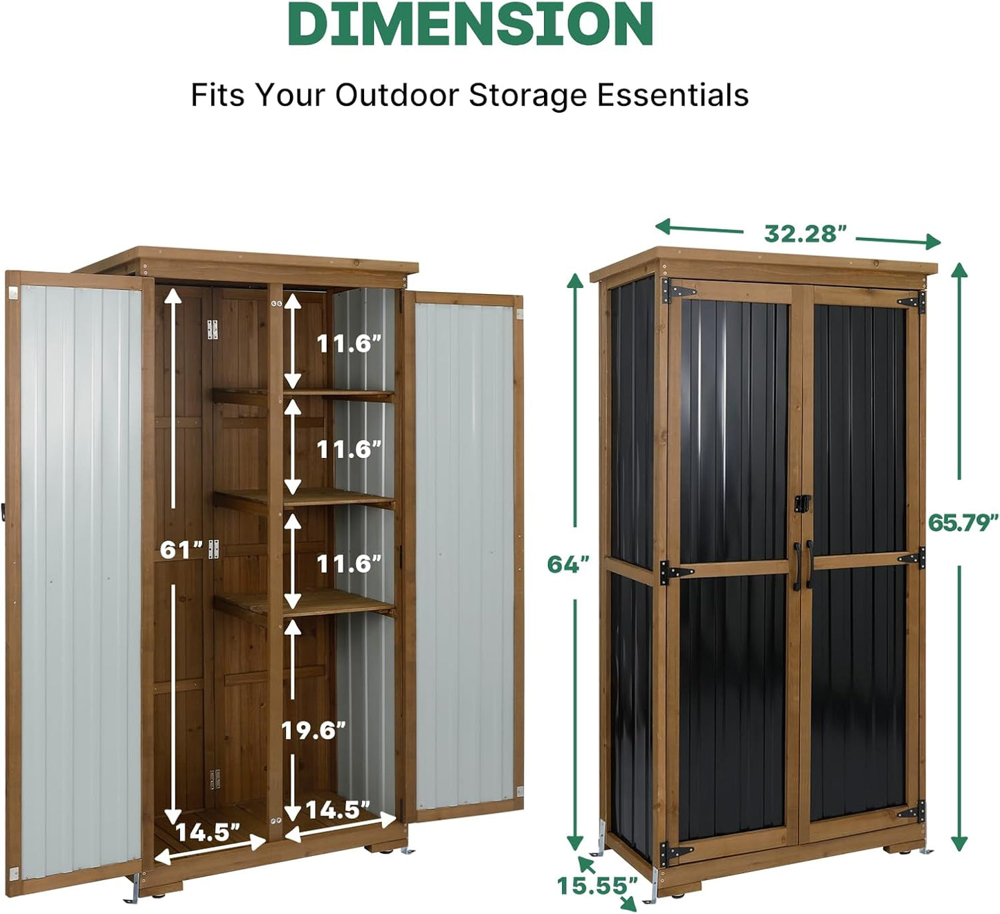 Outdoor Storage Cabinet Wood & Metal, Tall Tool Shed with Weatherproof, Double Lockable Doors, Removable 3 Shelves, Adjustable Feet for Patio, Garden, Backyard, Lawn, 32" x 15.5" x 66" (Brown)