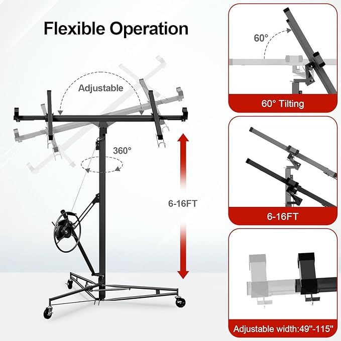 16FT Drywall Lift Sheetrock Lift, 150LBS Capacity, Drywall Lift Panel Hoist with Telescopic Arm, Drywall Jack Lift with 3 Lockable Wheels for Home Improvement Classic, 4'x16' Panel Size, Black