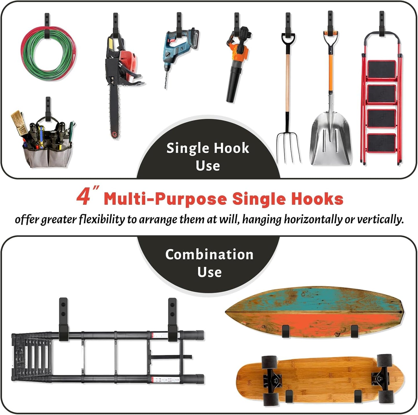 Garage Hooks 4 Inch, 6 Pack Heavy Duty Wall Hooks for Hanging, Ladder Hangers for Garage Wall Mount, Steel J Utility Garden Hose Holder Tool Organizers and Storage(55lbs)