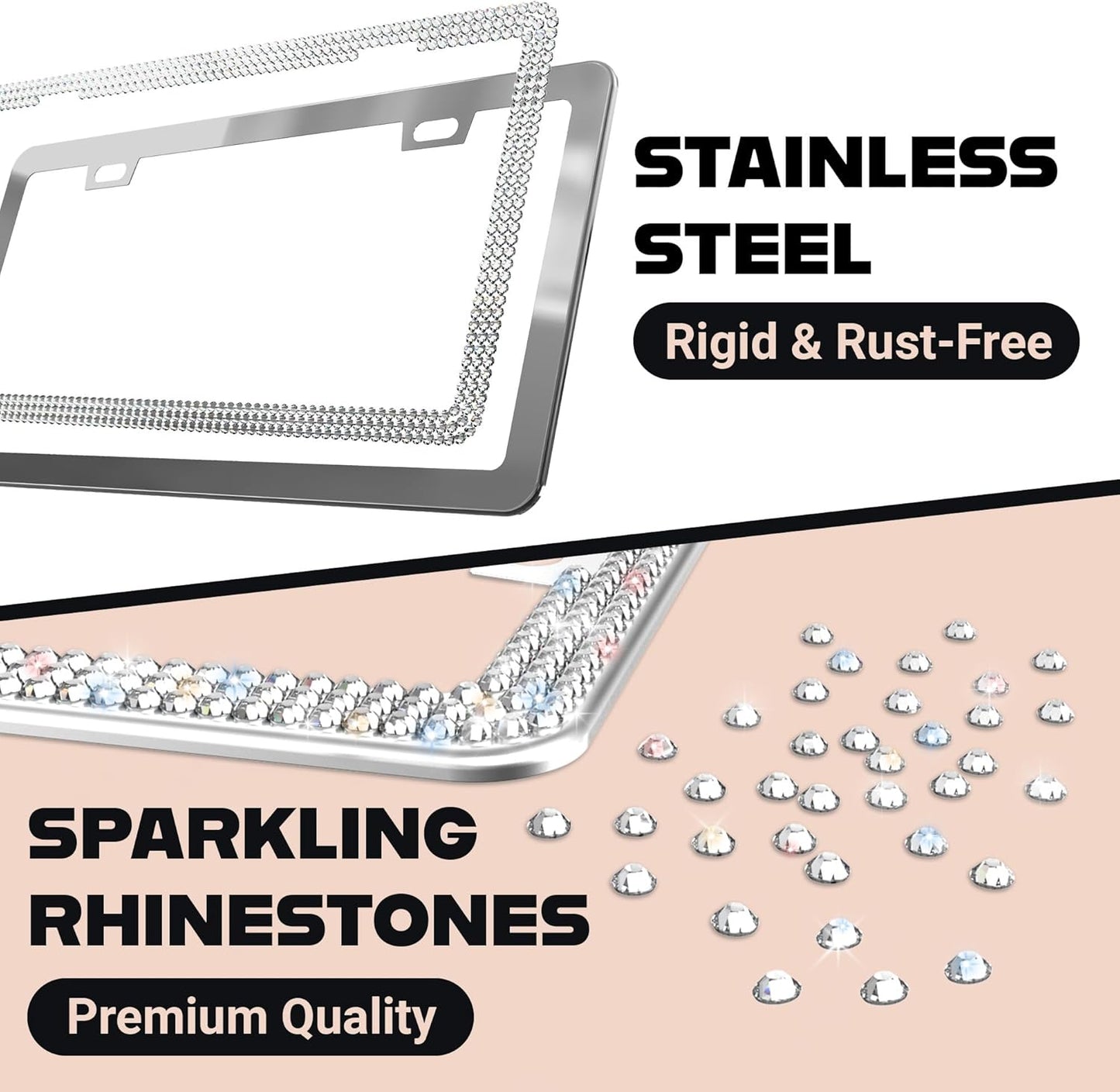 Sparkly Bling License Plate Frame for Women - 1 Pack, 800 Premium Rhinestones, Rust-Free Stainless Steel, Street Legal & Slim Design, Girly Bedazzled Diamond Car Tag Holder with Glitter Crystal Covers