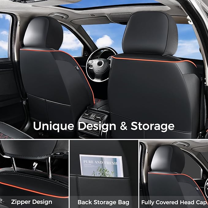 Huidasource Front Seat Covers, Full-Cover Leather Driver Seat Cover, Side Stretch Fabric, Car Interior Front Seat Cover Universal Fit for Most Cars, Most Cars,Vans,Trucks, SUVs (Front Pair/Black&Red)