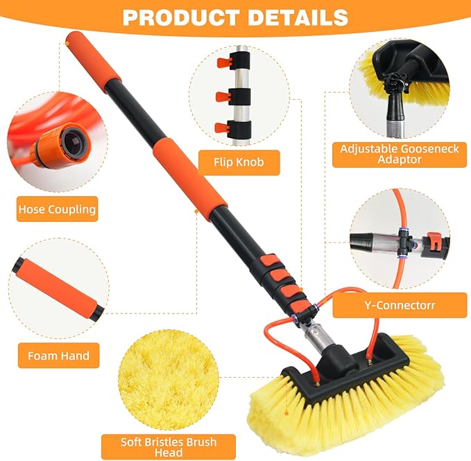 20FT/240inch Car Wash Brush with Long Handle Water Fed Telescopic Pole with Angle Adapter 12" Soft and Hard Bristle Cleaning Tool for Car Truck RV House Floor Window Glass Roof Pool