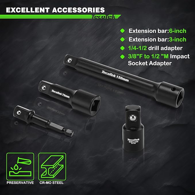 19 PCS 1/2" Drive Shallow Universal Impact Socket Set, Swivel Socket Set, Metric Socket Set with Flexible Wobble, 10-24mm, Cr-Mo Steel, Includes Extension Bars and Adapter