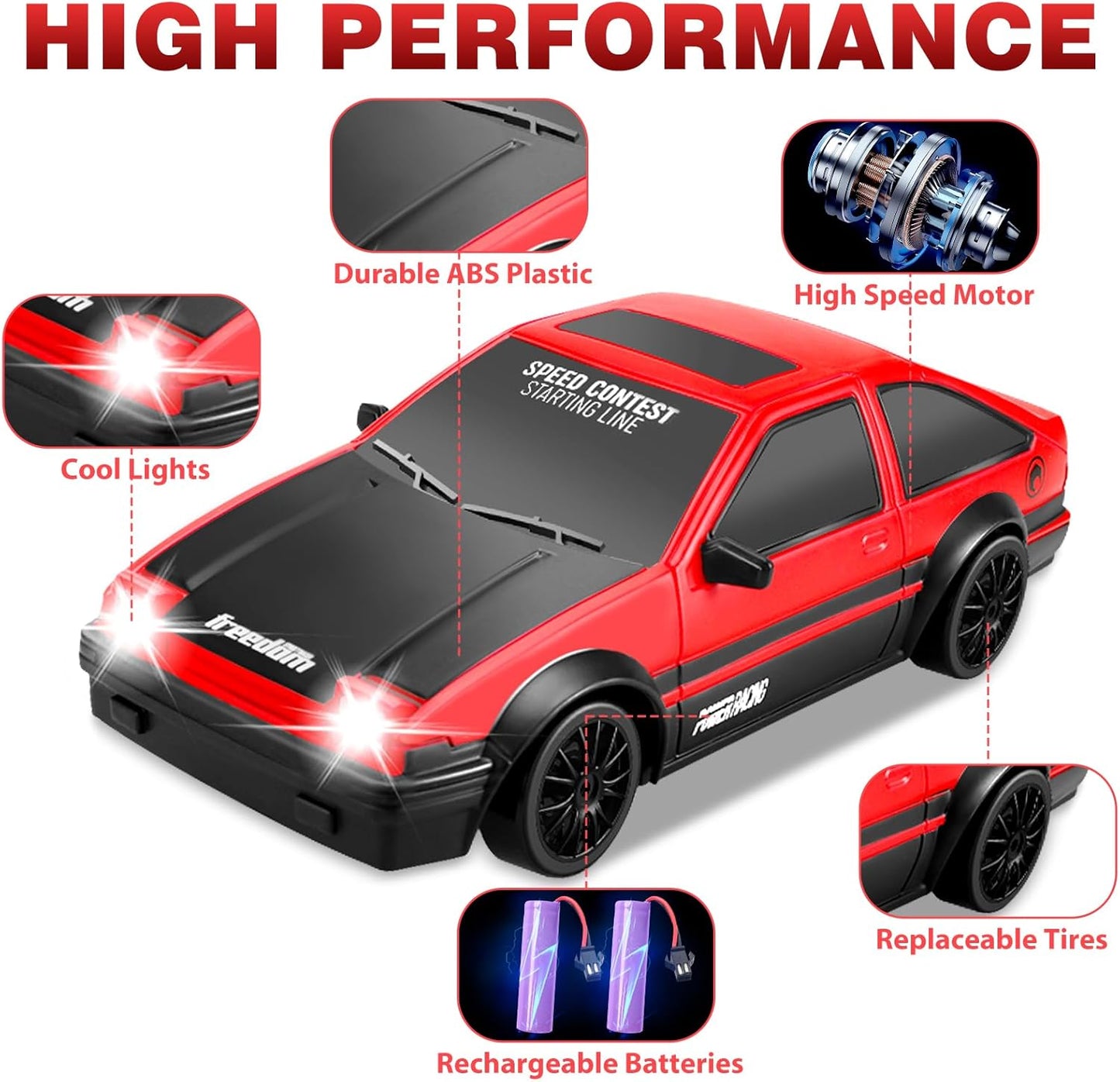 RC Drift Car, 1:24 Remote Control Cars 2.4GHz 4WD High Speed Drift RC Cars with LED Light Dritfing Tires Racing Hobby Toy Car with Two Batteries for Boys Girls Kids Adults (Red)