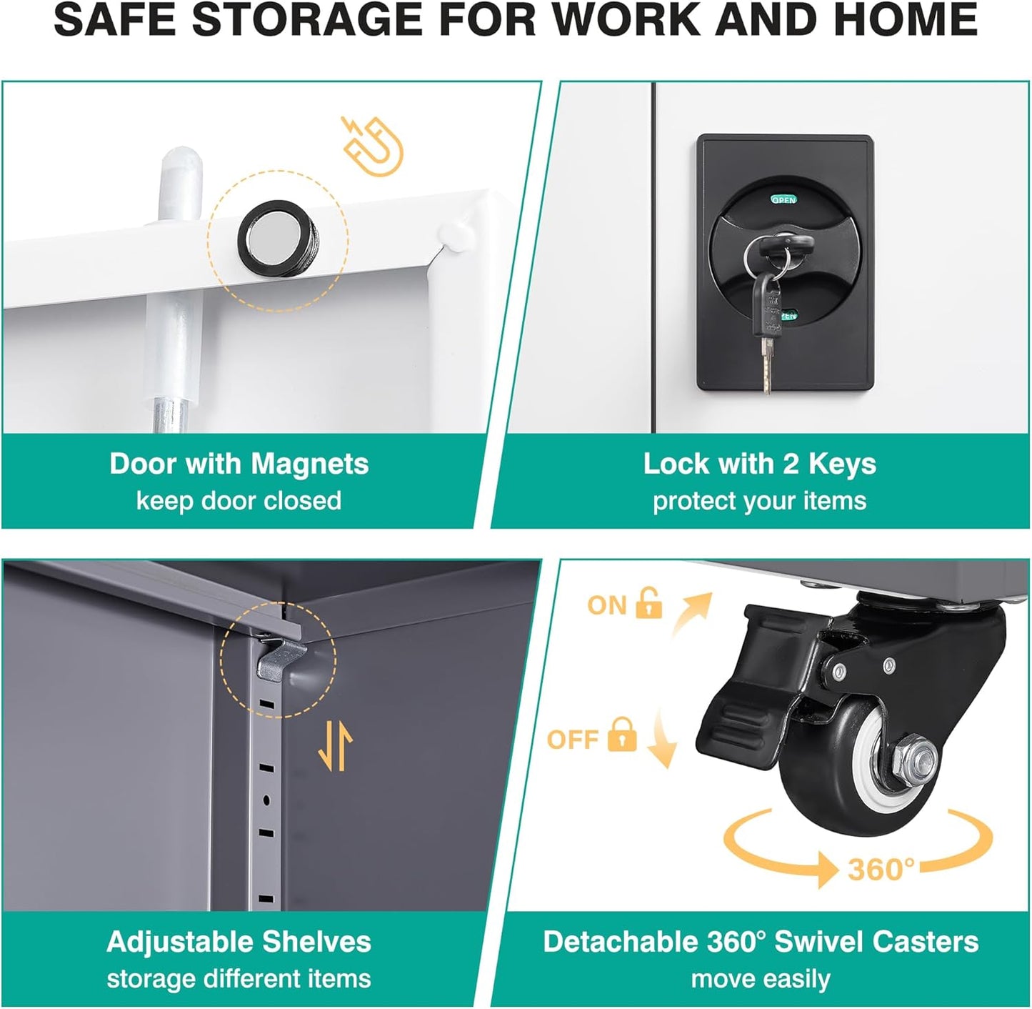 75" Tall Metal Storage Cabinet with Wheels,Rolling Garage Storage Cabinet with Lock,Gray White Metal Cabinets with Wheels and Shelves,Locking Tool Cabinets on Wheel for Garage,Home,Office,Shop