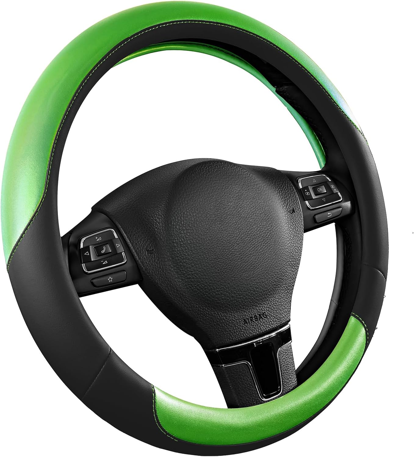 Road Comforts Steering Wheel Cover – Breathable Leather Steering Wheel Cover, Anti-Slip Grip, Universal Fit 14.5” to 15”, Heat & Cold Resistant for Cars, SUVs, and Trucks – Black & Green
