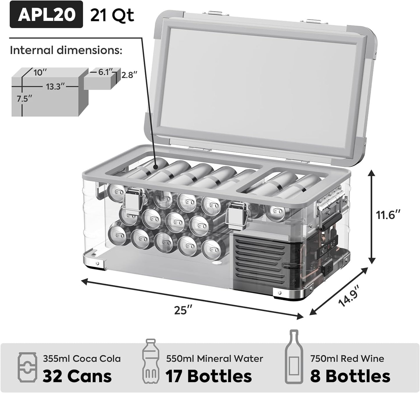 ICECO APL20 12 Volt Car Refrigerator, 21 Qts Light Duty Aluminum 12V Portable Fridge Freezer, Electric Cooler with SECOP Nano Compressor, -4℉~68℉, 12/24V DC, 100-240V AC for RV, Truck, Camping