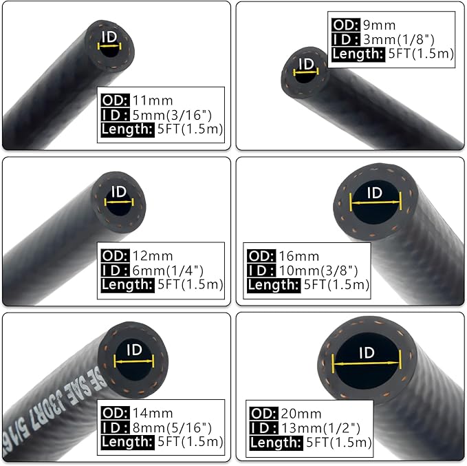 Fuel Line Hose 6PCS With 30Pcs Clamps, 1/8" 3/8" 5/16" 1/4" 1/2" 3/16" ID Push Lock Rubber NBR Fuel Line For Lawn Mowers/Cultivator/ATV's Tractors And Other Small Engine Equipment 5FT