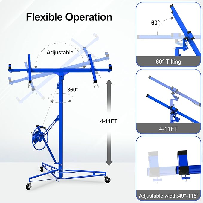 11FT Drywall Lift Sheetrock Lift, 150LBS Capacity, Drywall Lift Panel Hoist with Telescopic Arm, Drywall Jack Lift with 3 Lockable Wheels for Home Improvement Classic, 4'x16' Panel Size, Blue