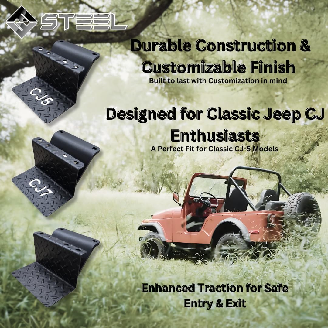 CJ5 Side Steps Compatible with Jeep © CJ Vehicles (Pair) - Solid Steel Construction - Metal Diamond Treadplate Traction Design - Universal Fitment on Classic CJ-5 (CJ7) (CJ5-BLACK)