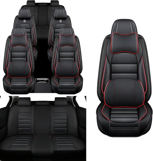 Car Seat Covers Fit for Toyota Highlander 2000-2025 | 7 Seat Car Seat Cover | No-Slip Waterproof Breathable Faux Leather Automotive Seat Covers Auto Interior Covers Black Red,Full Set with Pillow