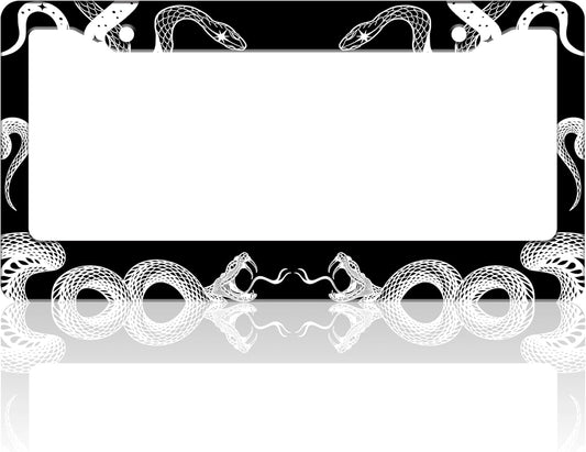 Black and White Snake Crawling License Plate Frame Gothic License Plate Holder for Front or Rear Car Tags Stainless Steel Funny Car Decoration with Screws 6.3 X 12.2 in