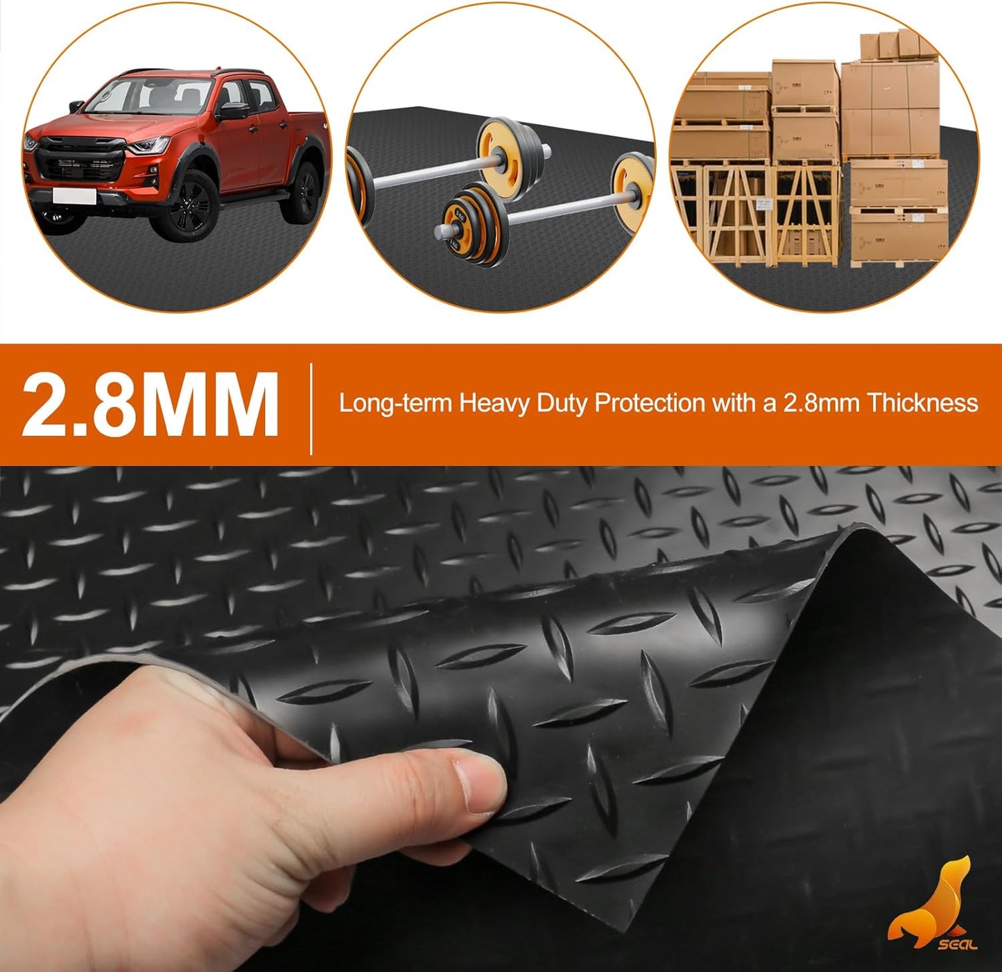 SEAL 4 x 20 Ft Premium Garage Floor Mat, Solid 2.8mm Thickened Black Commercial Grade Heavy Duty Parking Mat for Garage Floor, Golf Cart, Water/Stain Resistant Floor Runner (Embossed Diamond Plate)