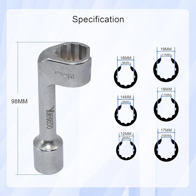 1/2" Dr Injection Line Socket Wrench Set, 6pc 12pt Diesel Fuel Line Socket Set, L-Type Injection Line Socket with 12 14 16 17 18 19mm Wrenches, Fuel Line Dismantling Removal Tool