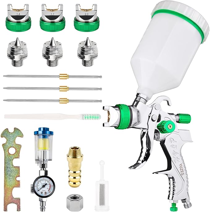 YUZES HVLP Paint Sprayer Gun with 1.4/1.7/2.0mm Nozzles, Easy to Use, Spray Paint Gun for Cars, Furniture, DIY Painting, Varnish and Top Coat, HVLP Paint Gun with Paint Sprayer Accessories (Green)