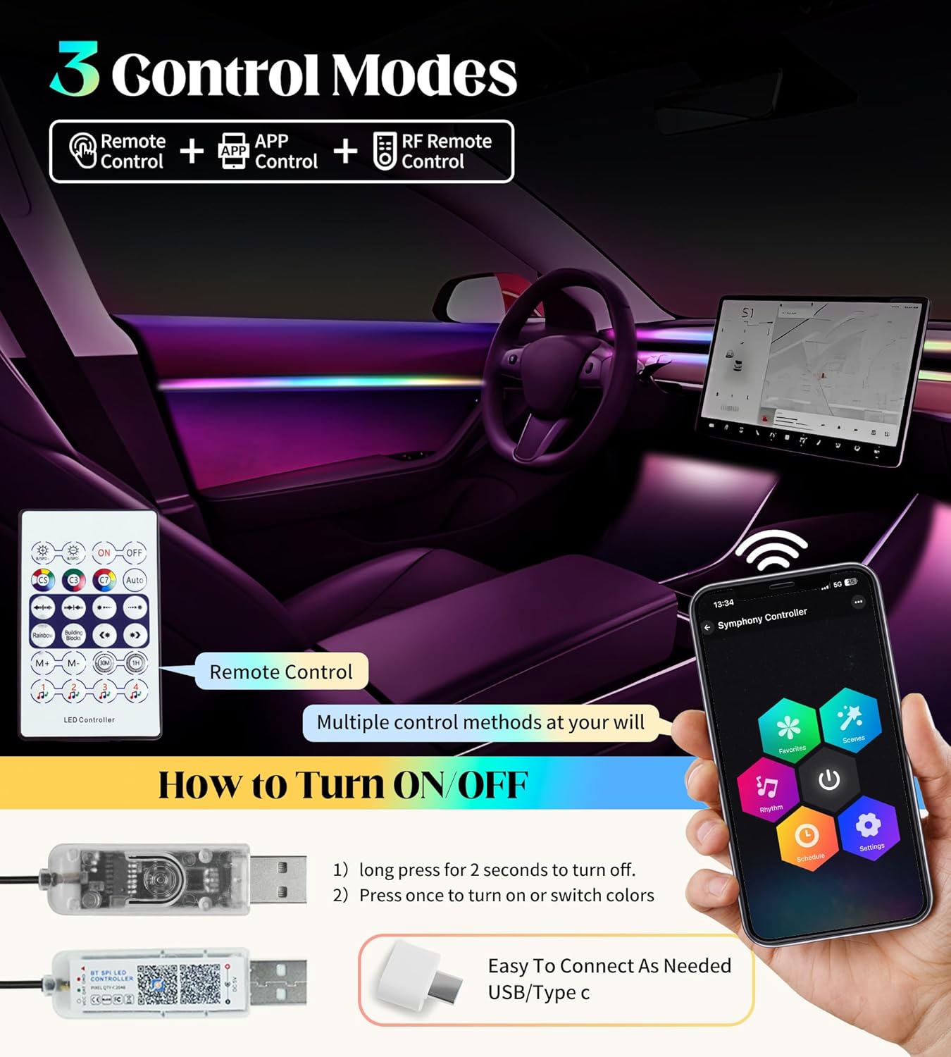 KENANEK Acrylic Interior Car LED Strip, 55.12-inch USB/Type C Interface, with Motion Sensor and Docking Station, Colorful car Ambient Light kit, Supporting Wireless Control Modes.