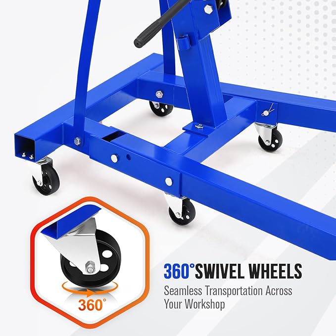 2 Ton Hydraulic Engine Hoist with Lever Stabilizer , Cherry Picker Engine Hoist, 4400LBS Heavy Duty Garage Crane with 6 Swivel Casters & Adjustable Telescopic Boom, for Auto Repair & Workshop (Blue)