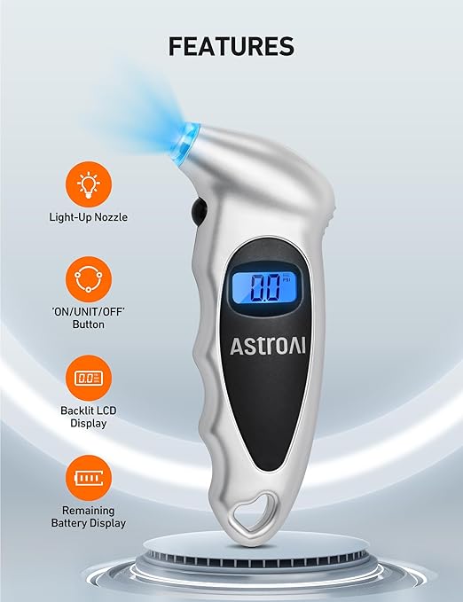 AstroAI Digital Tire Pressure Gauge 0-150PSI, Accurate in 0.1 Increments, Tire Gauge with Backlit LCD and Presta Valve Adaptor, 4 Units of Measurement for Car Truck Bicycle, Silver 3Pack