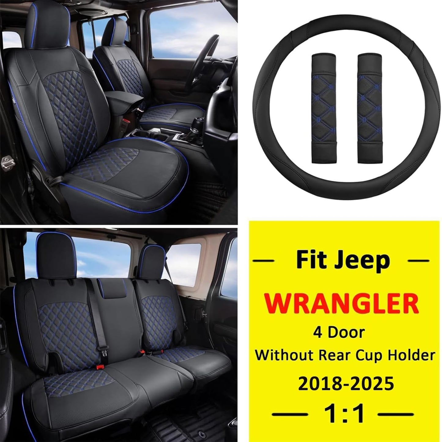 GIANT PANDA Fit Full Set Car Seat Covers for Jeep Wrangler 4 Door JL Sahara Sport Rubicon Unlimited Willys 2018 2019 2020 2021 2022 2023 2024 2025 Without Rear Cup Holder,Faux Leather - (Black+Blue)