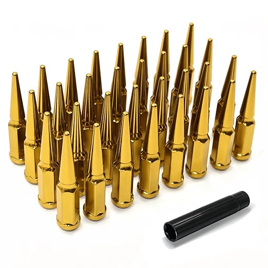 1/2"-20 Gold Wheel Spike Lug Nuts, 32 PCS Lug Nut Accessories with 1 Socket Key, Thread Spiked 4.4" Long Closed End Nuts Compatible with Wrangler Cherokee Explorer