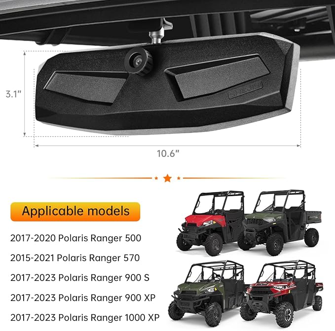 UTV Side Mirrors + Center Rearview Mirror Kit,Compatible with Polaris Ranger 1000 900 570(The Center Mirror is Only Suitable for Models with Drop-Down Mounting Holes,Not Compatible with Full-Door)