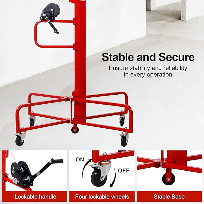 13FT Drywall Lift Sheetrock Lift, 150LBS Drywall Lift Panel Hoist with 4 Lockable Wheels for Ceiling, Drywall Rolling Lifter Panel, Drywall Jack Lift for Home & Commercial Use, Red
