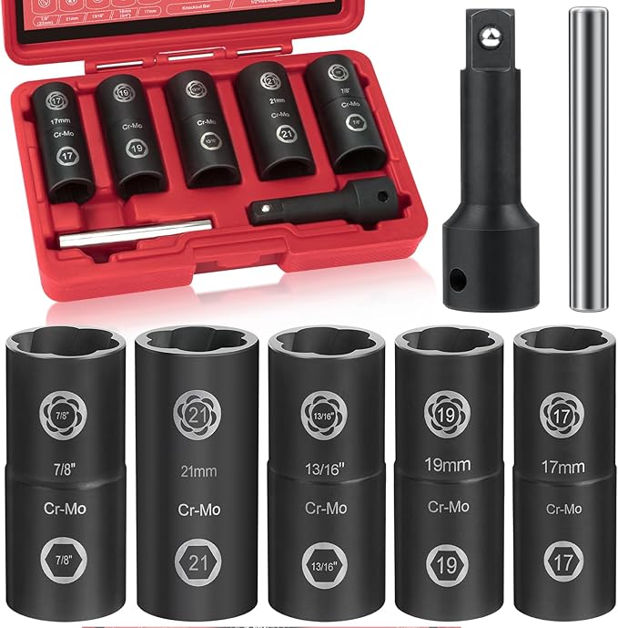 2-In-1 Lug Nut Removal Tool & Impact Socket Set, with 1/2" Drive, Easy Out Broken Bolt Extractor Kit, Ez Out Stripped Wheel Lock for Removing Rounded, Rusted Bolts, Nuts & Screw 7-Pieces(Red)