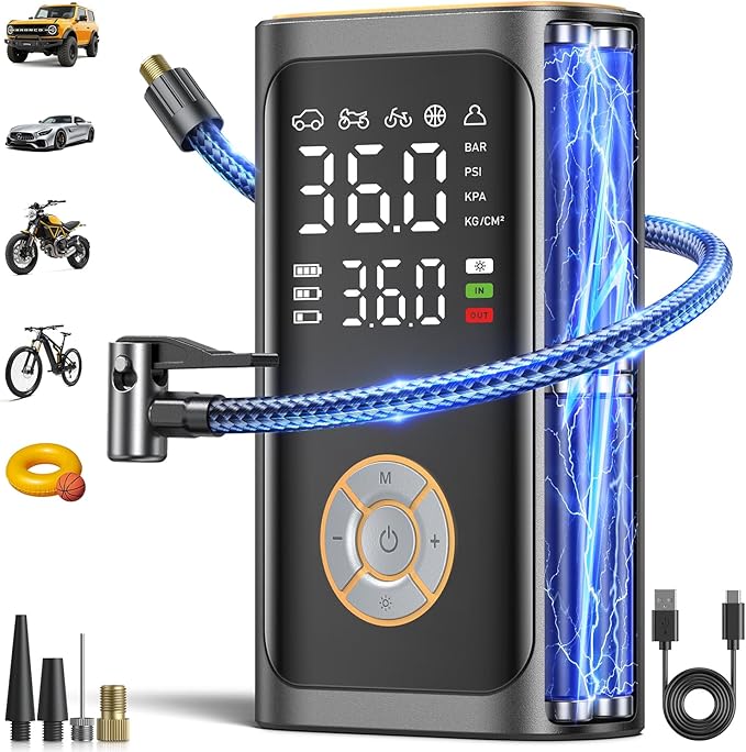 Tire Inflator Portable Air Compressor - Fast Inflation Cordless Air Pump for Car Tires, 150PSI Electric Bike Tire Pump with Digital Pressure Gauge, LED light for Car, Motorcycle, Bike, Ball (art)