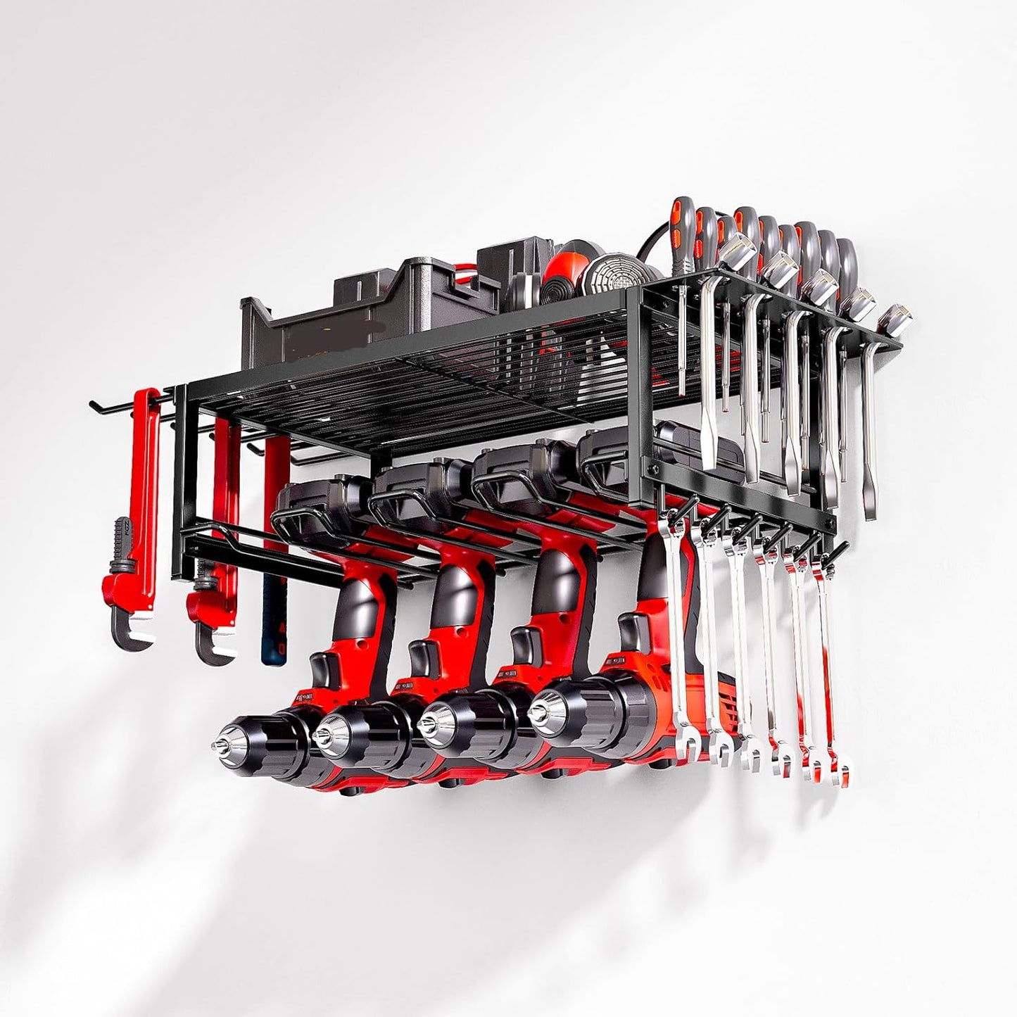 Power Tool Organizer, Garage shelving 2 Layers Garage Tool Organizers 4 Drill Holder Wall Mount, and Heavy Duty Metal Tool Shelf with Screwdriver Holder/Plier Holder/Hammer Holder (Black, 2 Layer)