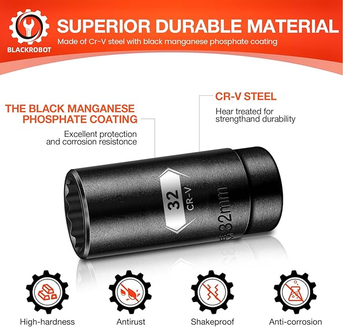 BLACKROBOT 32 mm 12-Point Deep Impact Socket, 1/2 Inch Drive, Metric, Cr-V Steel With Black Manganese Phosphate Coating