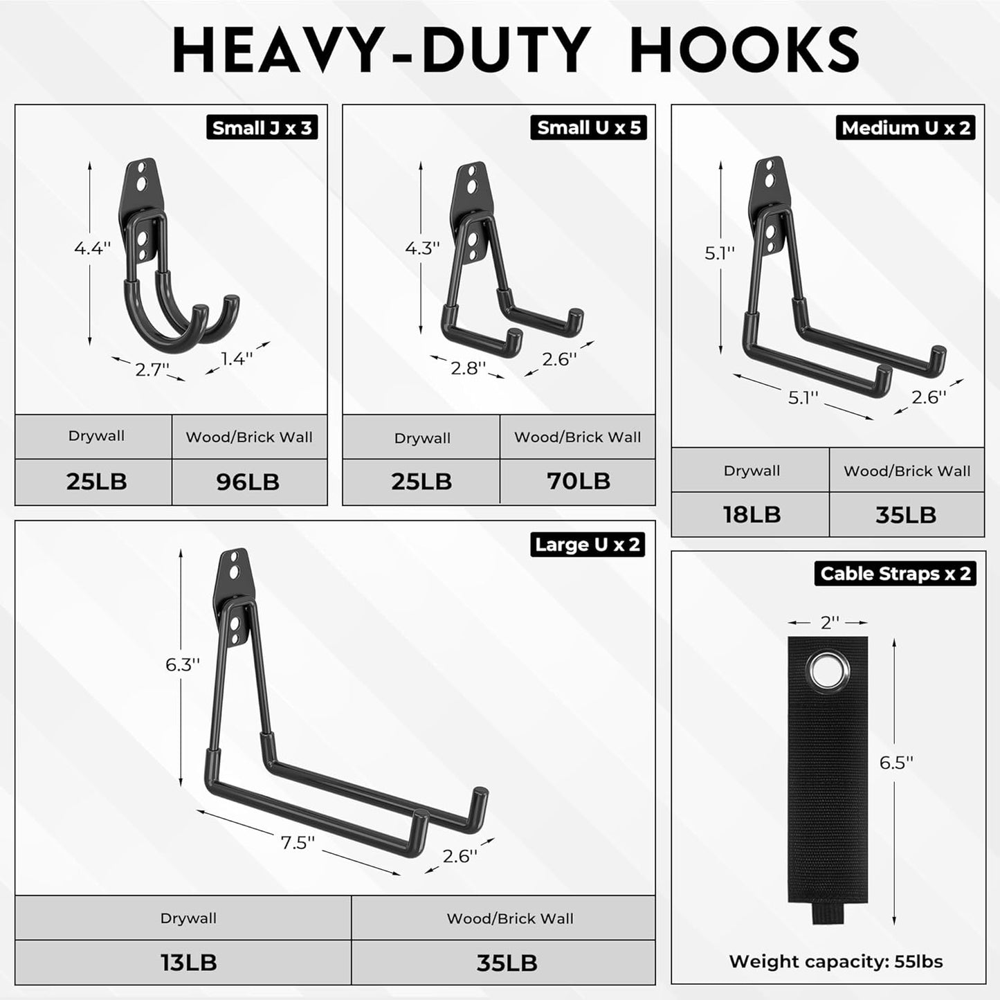 BONTEC Heavy Duty Garage Hooks, Anti-Slip Coated Black Steel with Strong Load Capacity, Multi-Sized U and J Hooks, Easy Wall Mount for Garage, Garden, Workshop (Black, 14 Pack)