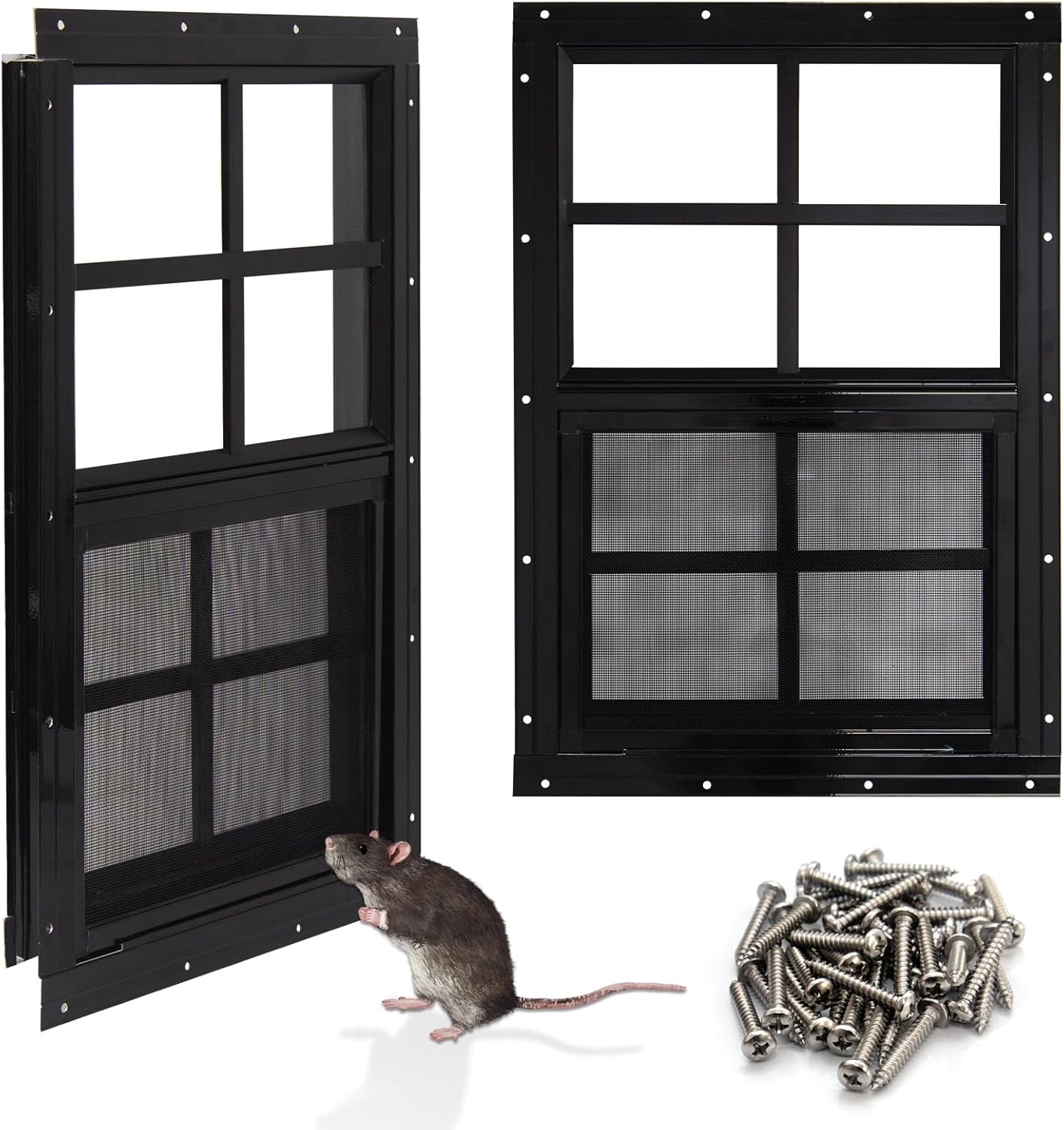 NeatiEase Upgraded Shed Windows 2 Pack, 14" x 21" Windows with Tempered Glass and Stainless Steel Screen for Shed, Chicken Coop, Playhouse, Household, Garage(Black)