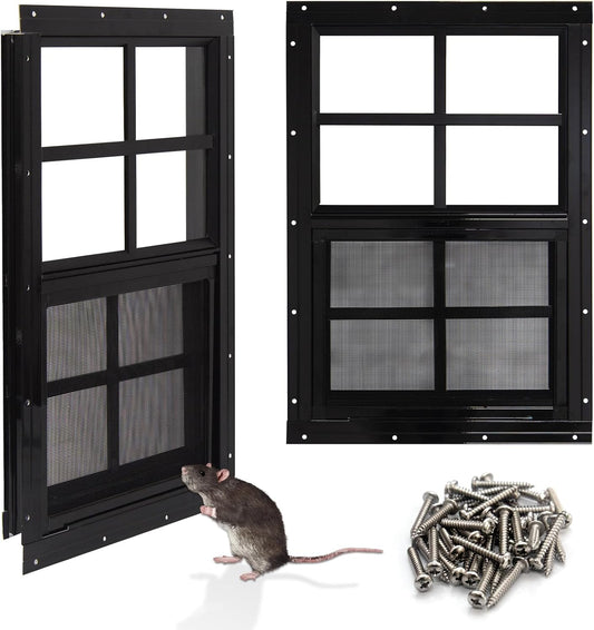 NeatiEase Upgraded Shed Windows 2 Pack, 18" x 27" Windows with Tempered Glass and Stainless Steel Screen for Shed, Chicken Coop, Playhouse, Household, Garage(Black)