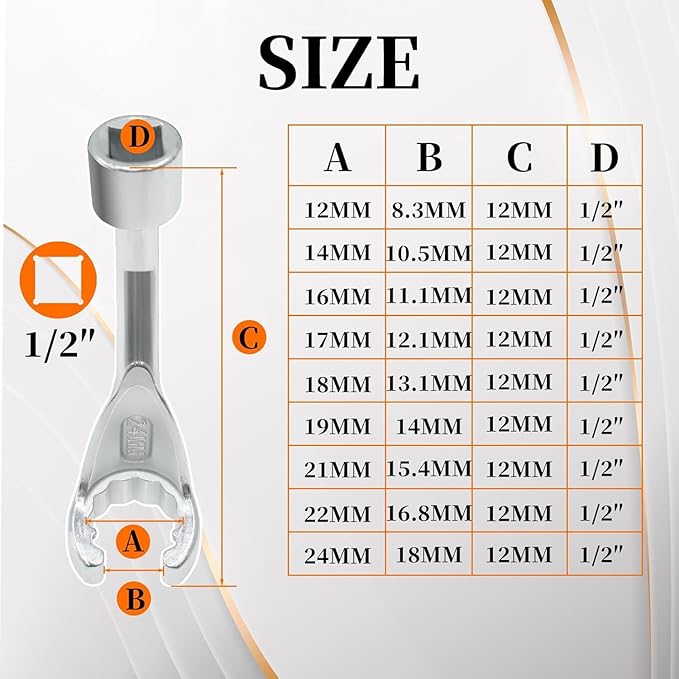 9Pcs Common Rail Injection Fuel Line Socket Set, 1/2" Dr 12mm 14mm 16mm 17mm 18mm 19mm 21mm 22mm 24mm 12 Point Injector Fuel Line Socket, Injection Line Flare Nut Wrench Set