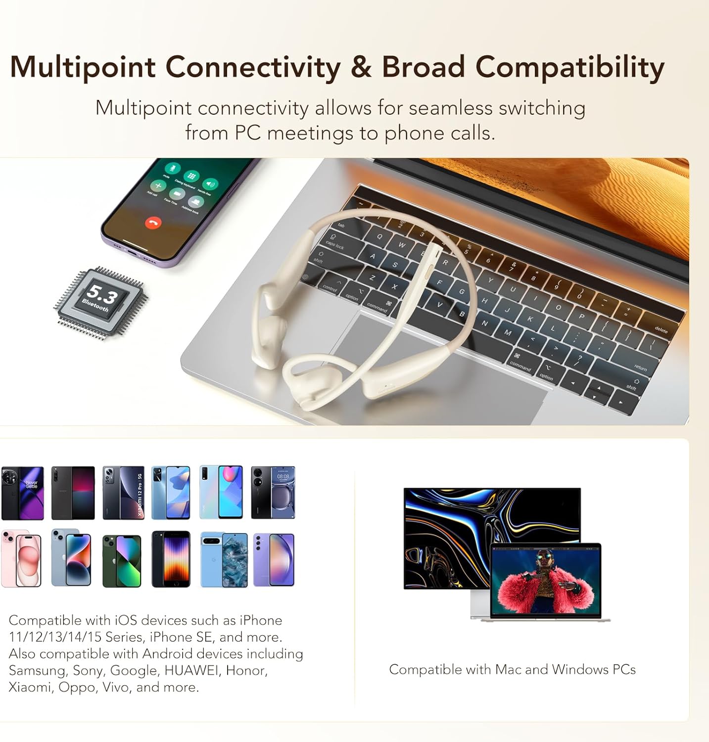 NUROUM OW20B Open Ear Sports Headphones with Mic, ENC Noise Cancelling Microphone, Bluetooth 5.3 Multi-Point Connection, Sweatproof Wireless Headset for Work, 15H Comfort for Driving, Office